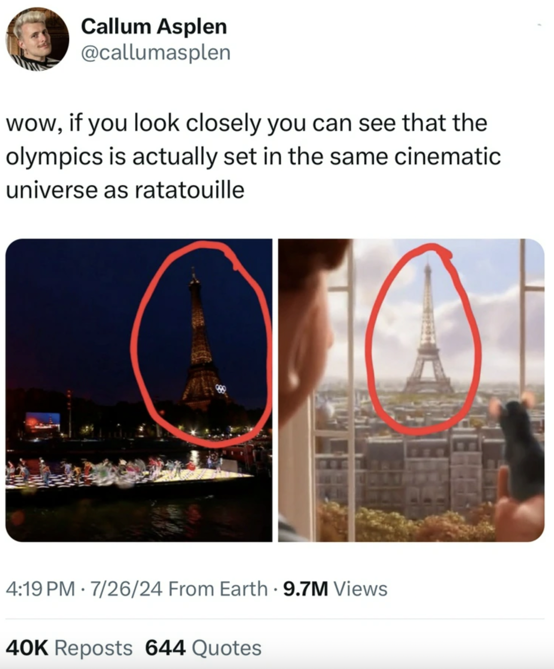 Meme - Callum Asplen wow, if you look closely you can see that the olympics is actually set in the same cinematic universe as ratatouille 72624 From Earth 9.7M Views 40K Reposts 644 Quotes